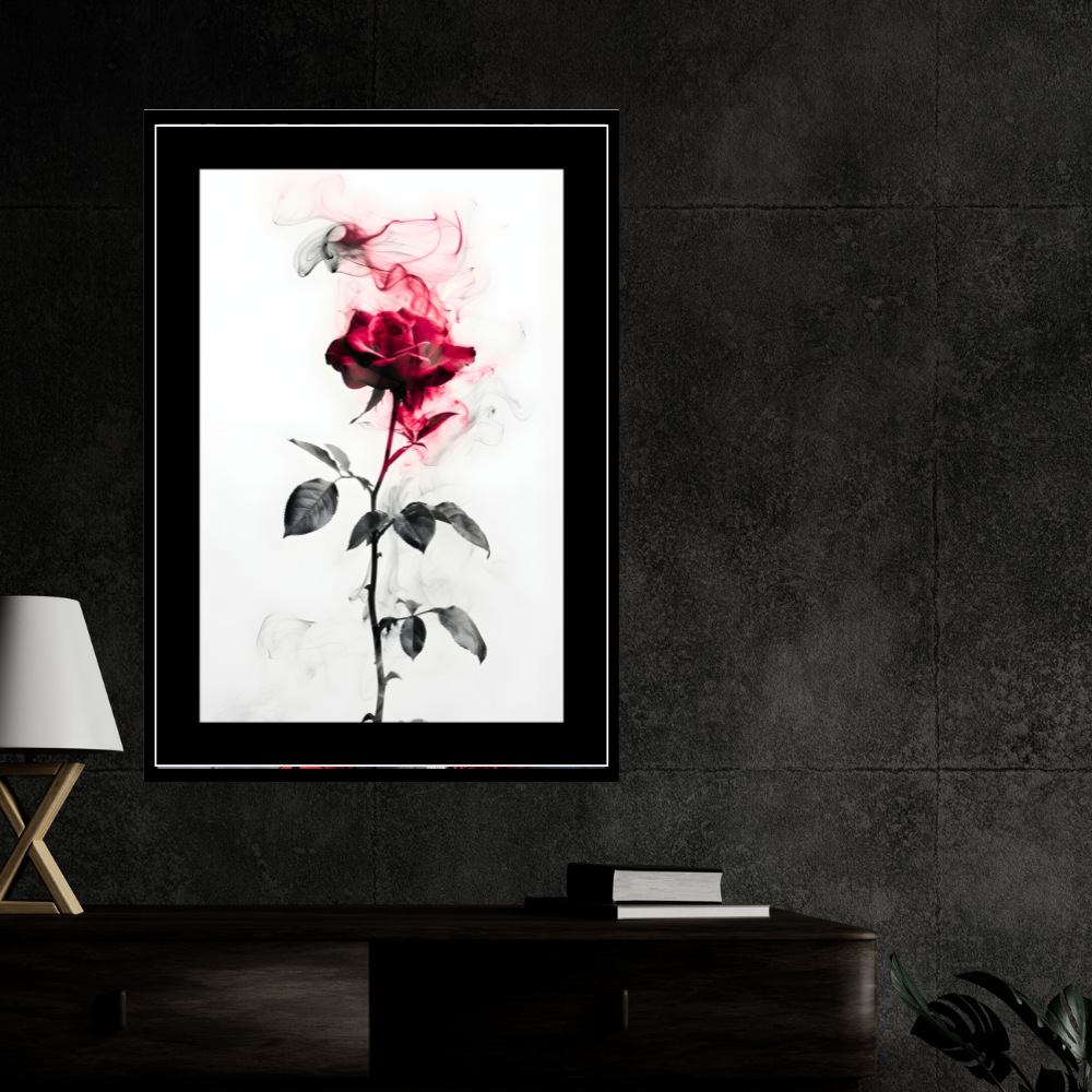 Abstract Red Rose Smoke Art 2D Framed Wall Poster | Romantic Floral Artwork with Smoke Effect | HD Matte Finish Modern Wall Frame for Home & Office Décor
