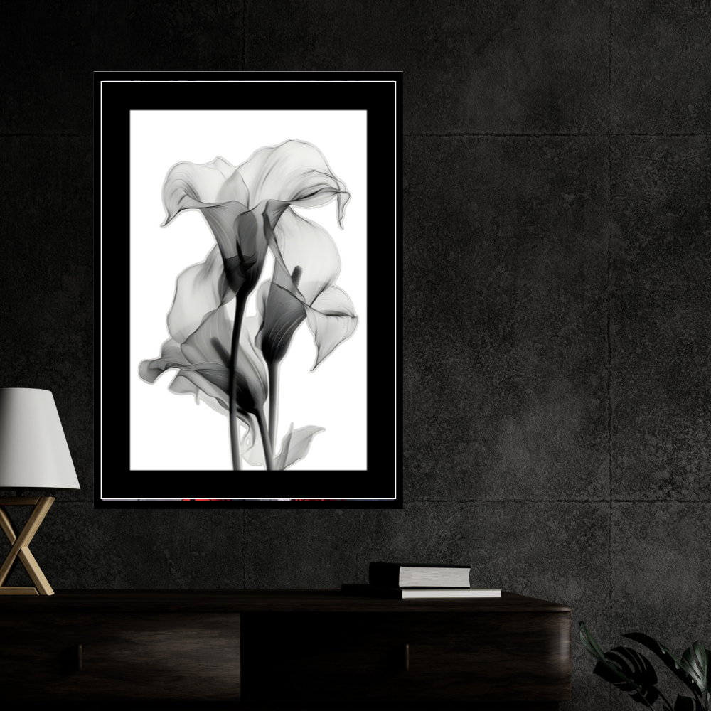 Abstract Monochrome Floral Art 2D Framed Wall Poster | Minimalist Black & White Flower Illustration | HD Matte Finish Modern Wall Frame for Home & Office Décor
