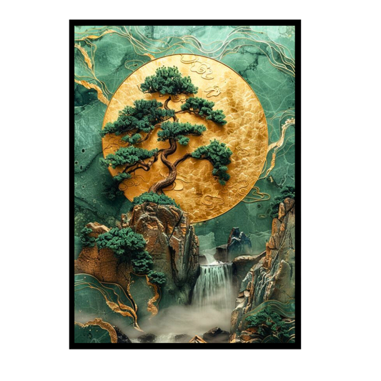 Zen Tree of Life 2D Wall Art Frame – A4 Premium High Gloss Nature Landscape Poster | Japanese Inspired Bonsai, Waterfall & Gold Moon Luxury Home Décor