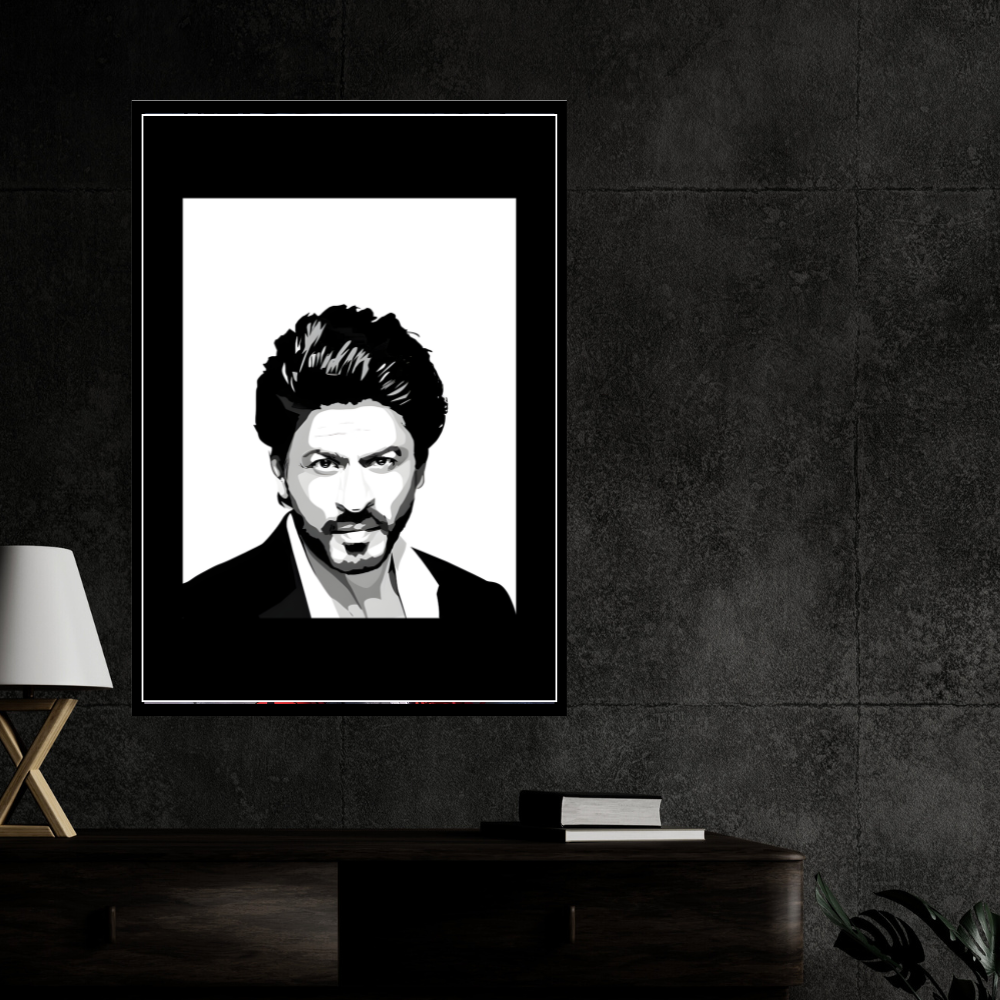 SHAHRUKH KHAN Inspired Portrait 2D Framed Wall Art Poster | King Khan Aesthetic | HD Gloss Finish Black & White Celebrity Silhouette Frame for Home & Office Décor