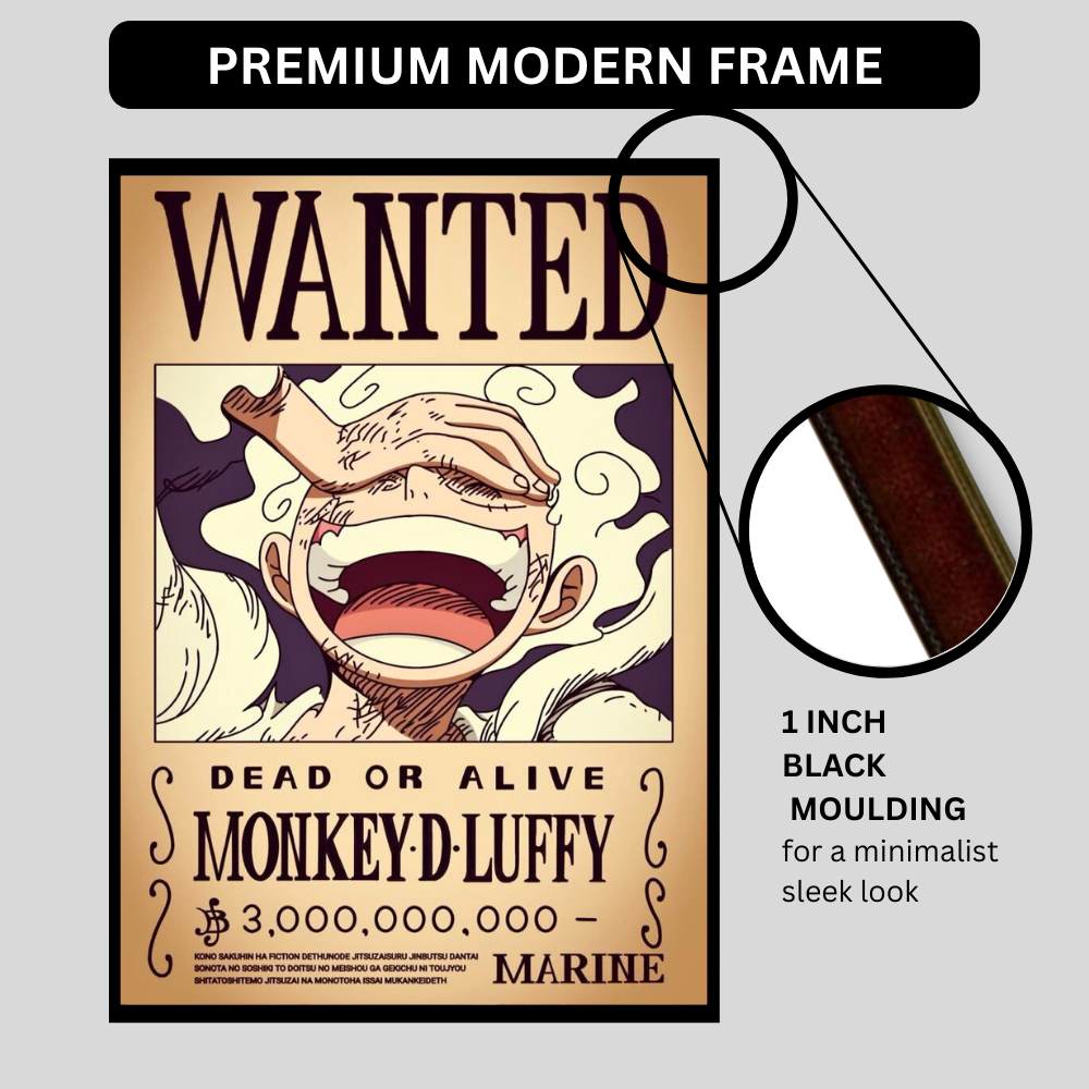 Monkey D. Luffy Wanted Poster Wall Art 2D Framed | One Piece Anime Character Bounty Artwork | Dead or Alive Pirate Poster | HD High Gloss Finish | Premium Wall Frame for Anime Fans & Collectors