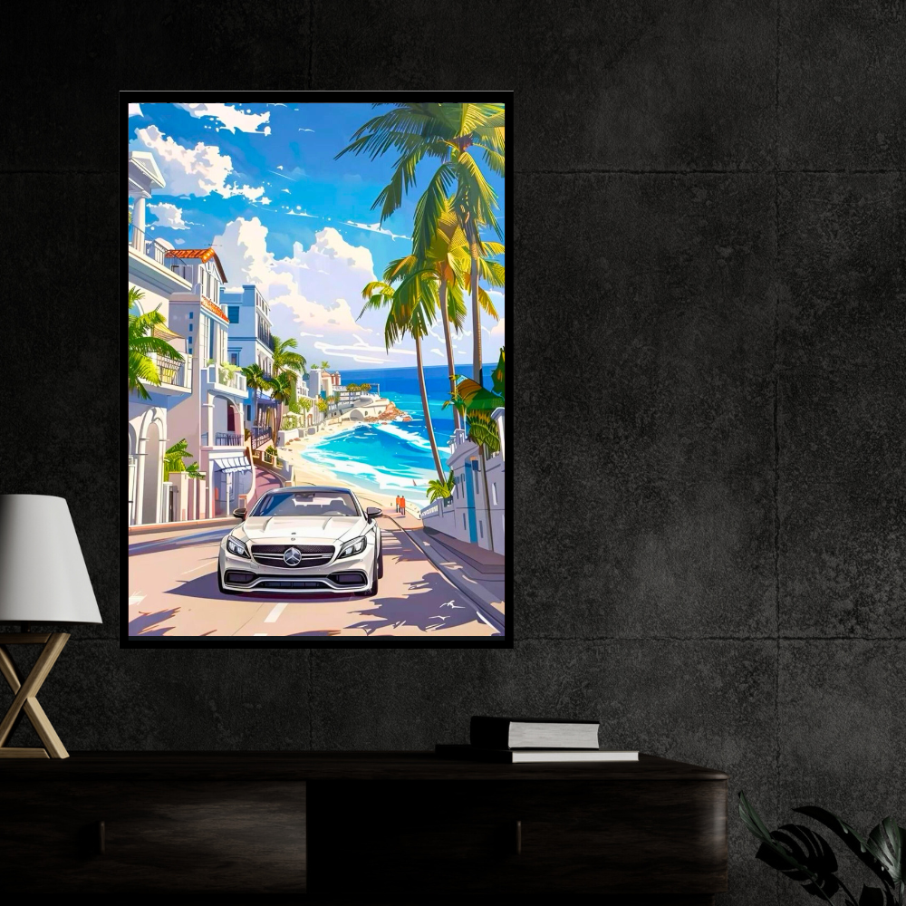 White Mercedes Framed Car Wall Art – Premium Automotive Decor for Car Enthusiasts