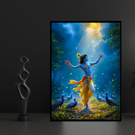 Lord Krishna Dancing with Peacocks Wall Art | Divine Krishna Nritya Poster | HD Glossy 2D Frame | Premium Spiritual Wall Décor for Home, Mandir & Living Room