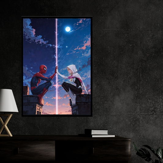 Parallel Souls Love Wall Art 2D Framed Poster | Sp1der-Man & Gwean Spider Inspired Romantic Superhero Couple | Love Across Universes & Destiny | HD High Gloss Finish Premium Wall Frame | Romantic Gift for Lovers & Couples