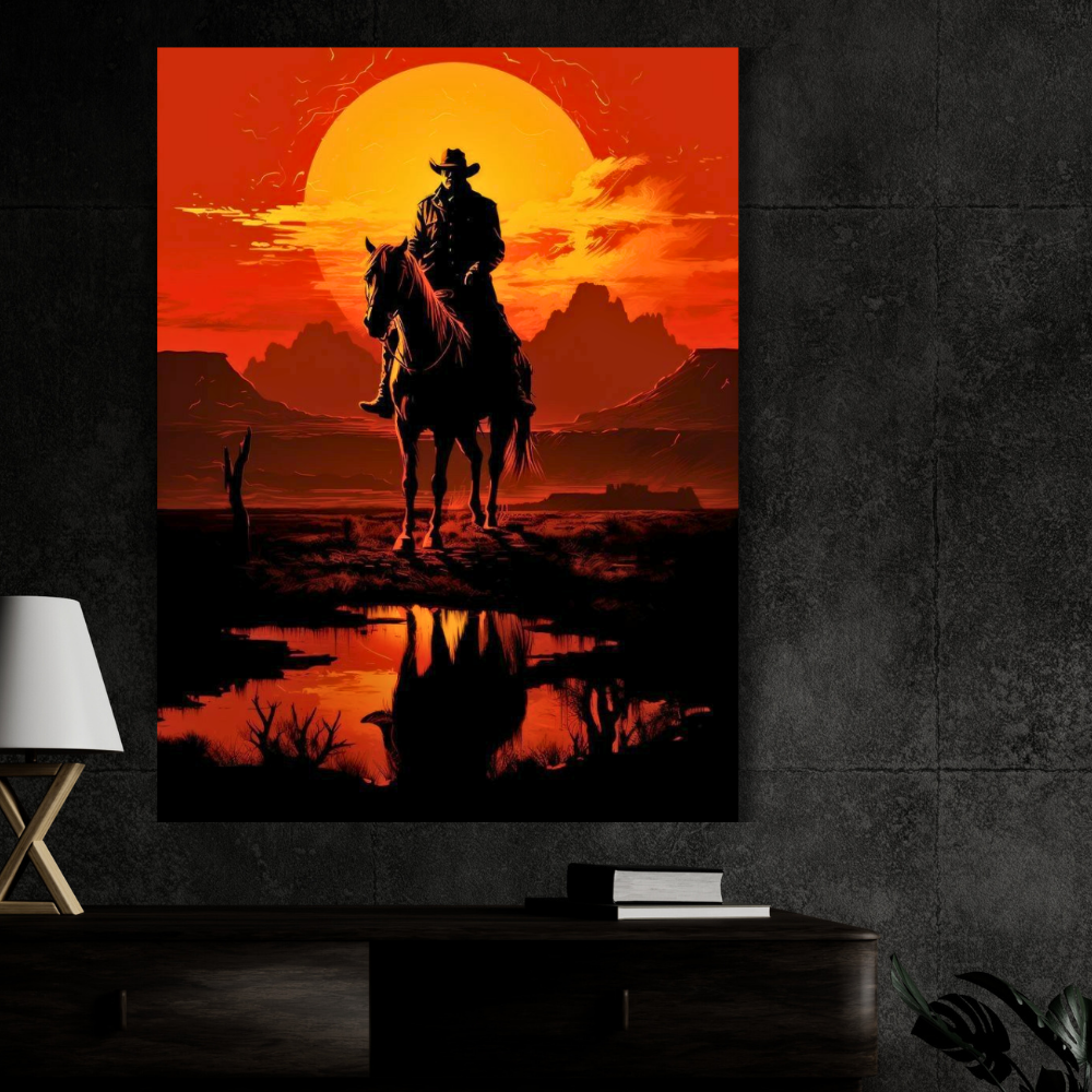 Western Cowboy Sunset Poster | Vintage Cowboy Wall Art | Wild West Horse Rider Poster for Bedroom, Office & Gaming Room | Premium Glossy Wall Poster