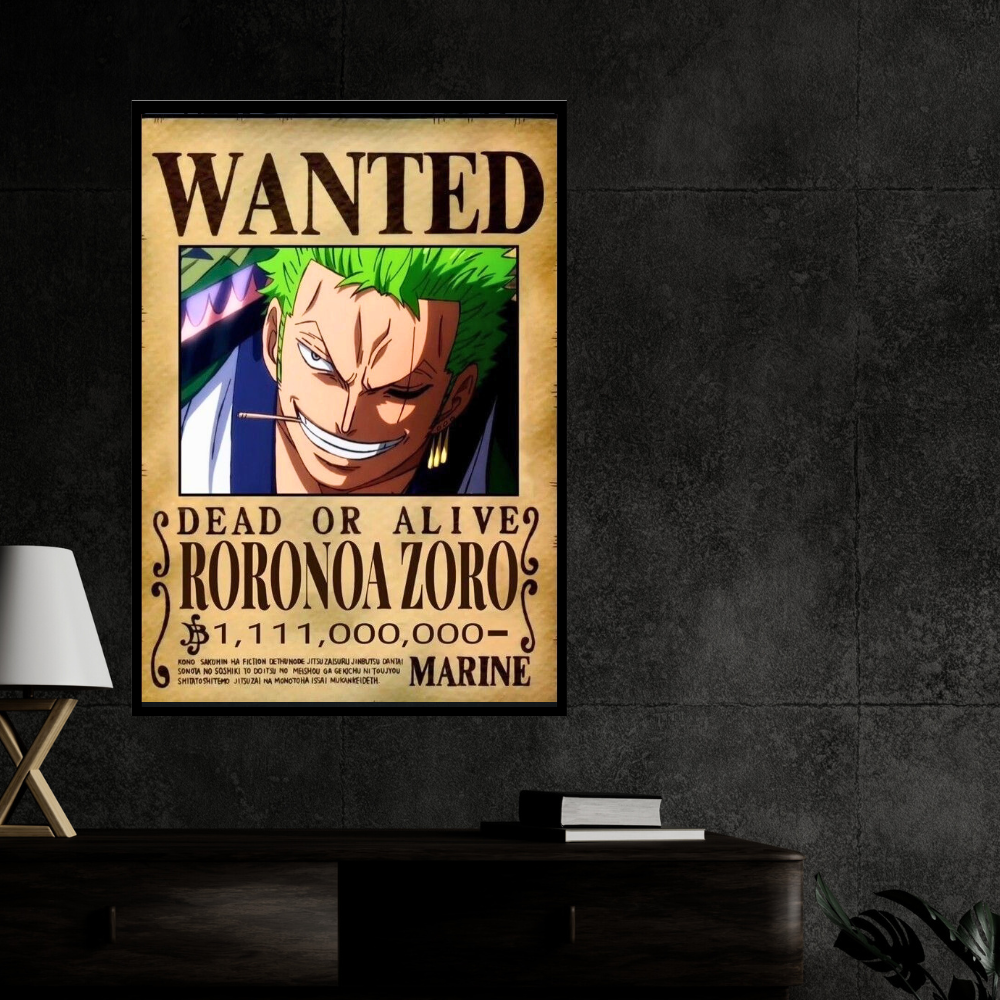 Roronoa Zoro Wanted Poster Wall Art 2D Framed | One Piece Anime Swordsman Character Bounty Artwork | Dead or Alive Pirate Poster | HD High Gloss Finish | Premium Wall Frame for Anime Fans