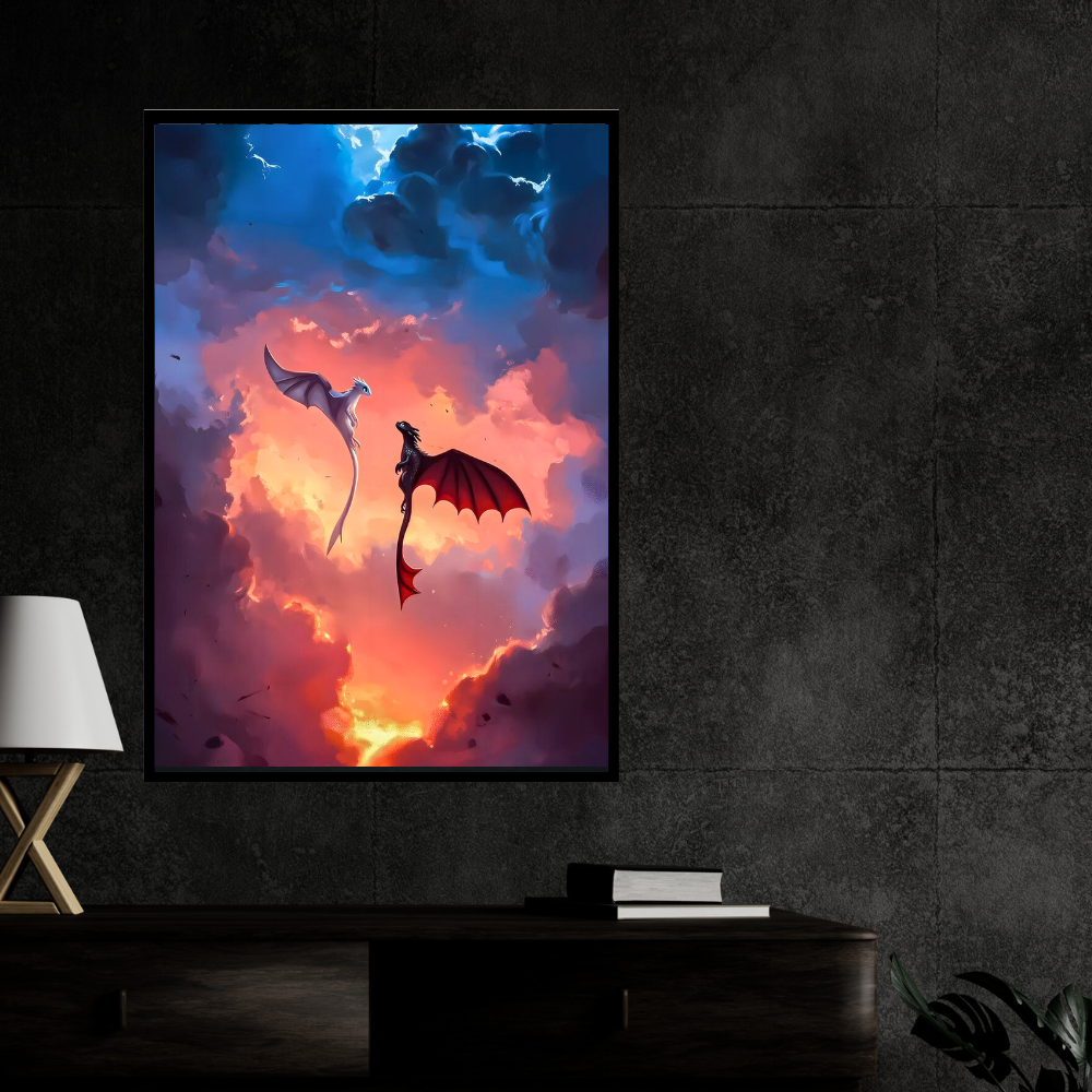 Epic Dragon Love Wall Art 2D Framed Poster | Night Fury & Light Fury Inspired Romantic Dragon Couple | Symbol of Love, Bond & Togetherness | HD High Gloss Finish Premium Wall Frame | Romantic Gift for Lovers & Couples