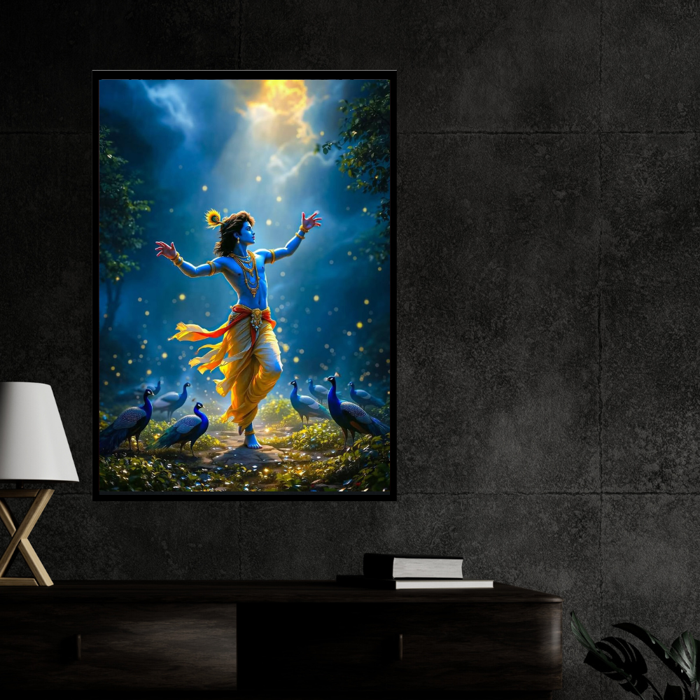Lord Krishna Dancing with Peacocks Wall Art | Divine Krishna Nritya Poster | HD Glossy 2D Frame | Premium Spiritual Wall Décor for Home, Mandir & Living Room