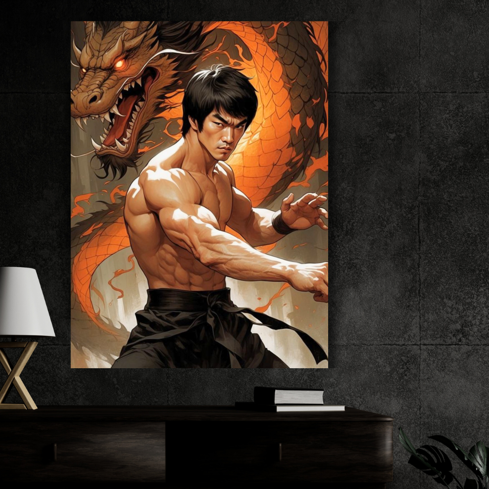 Bruce Lee Martial Arts Wall Poster with Dragon | Premium Glossy Kung Fu Wall Art for Bedroom, Gym & Office | High Quality Print
