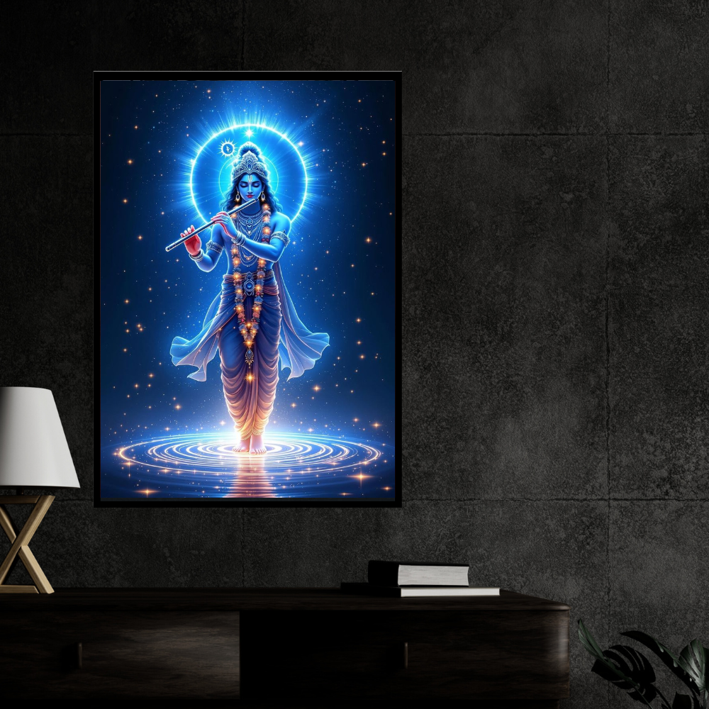 Lord Krishna Cosmic Flute Wall Art | Divine Krishna Playing Bansuri Poster | HD Glossy 2D Frame | Spiritual Krishna Wall Décor for Home, Mandir & Meditation