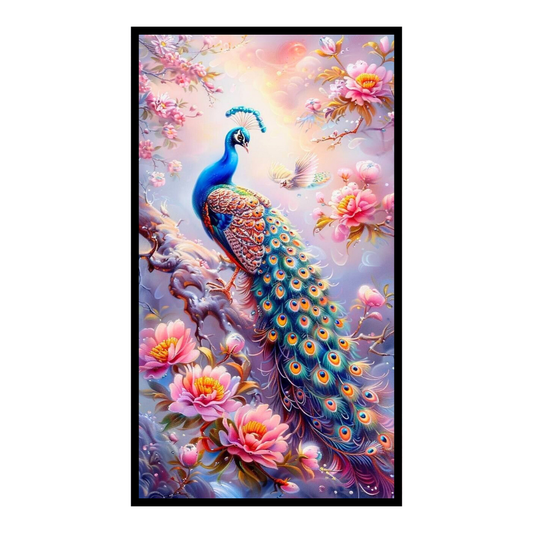 Elegant Peacock Floral Wall Art A4 Premium 2D Glossy Frame – HD Bird & Blossom Nature Poster | Luxury Decorative Artwork for Living Room, Bedroom, Office & Home Décor