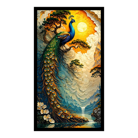 Majestic Peacock Nature Wall Art A4 2D Premium Glossy Frame – HD Landscape Poster with Waterfall & Golden Sunset | Luxury Bird Artwork for Living Room, Bedroom & Office Décor