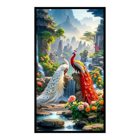 Royal Twin Peacock Waterfall Wall Art A4 Premium 2D Glossy Frame – HD Nature Landscape Poster with Mountains & Floral Garden | Luxury Decorative Artwork for Living Room, Bedroom & Office