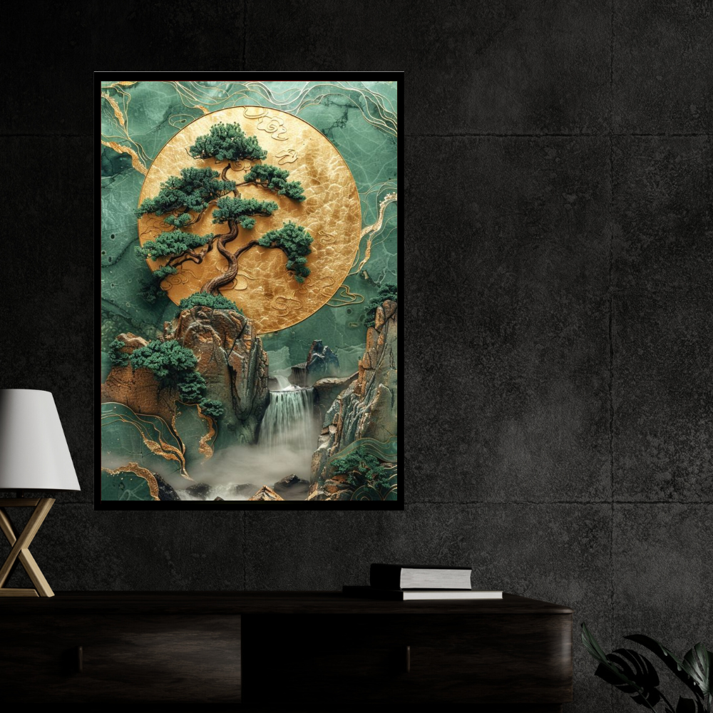 Zen Tree of Life 2D Wall Art Frame – A4 Premium High Gloss Nature Landscape Poster | Japanese Inspired Bonsai, Waterfall & Gold Moon Luxury Home Décor