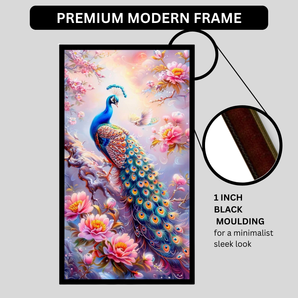 Elegant Peacock Floral Wall Art A4 Premium 2D Glossy Frame – HD Bird & Blossom Nature Poster | Luxury Decorative Artwork for Living Room, Bedroom, Office & Home Décor