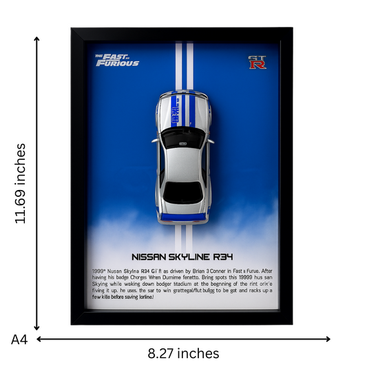 Fast & Furious Nissan Skyline R34 GT-R Diecast Car Frame 1:32 – 3D Wall Art for Collectors & Movie Fans