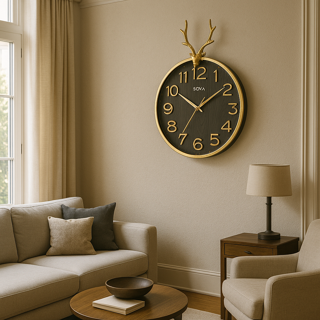 Luxury Antler Wall Clock – Black & Gold Designer Deer Head Timepiece for Home Décor
