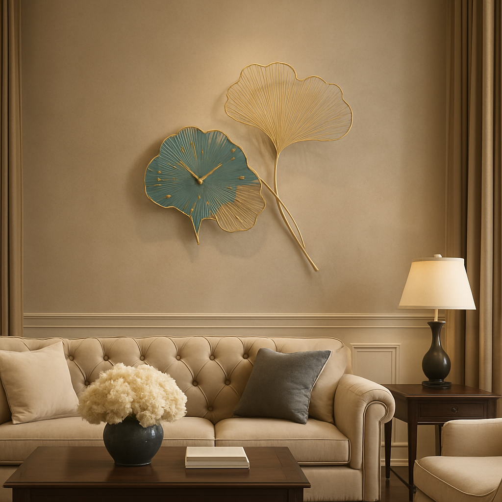 Ginkgo Leaf Designer Wall Clock – Artistic Metal Wall Art Clock with Gold & Teal Finish for Living Room, Hallway, or Office