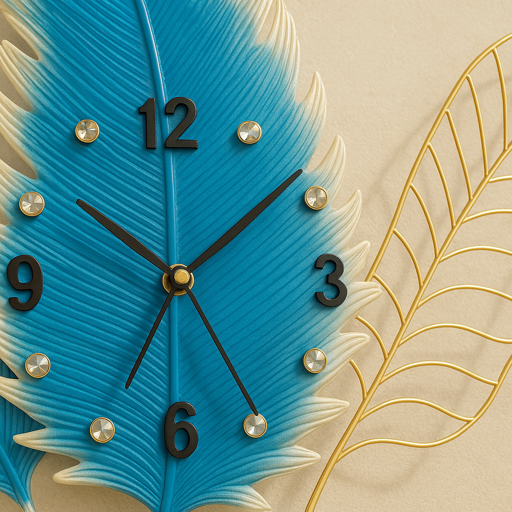 Tropical Leaf Wall Clock – Designer Metal Wall Art Clock in Blue & Gold for Living Room, Hallway, or Bedroom Decor