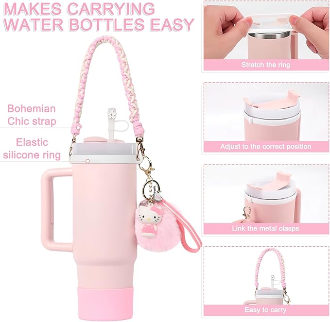 Stanley Cute Tumbler Accessories Set – Strap, Silicone Boot, Charm Keychain & Flower Plug