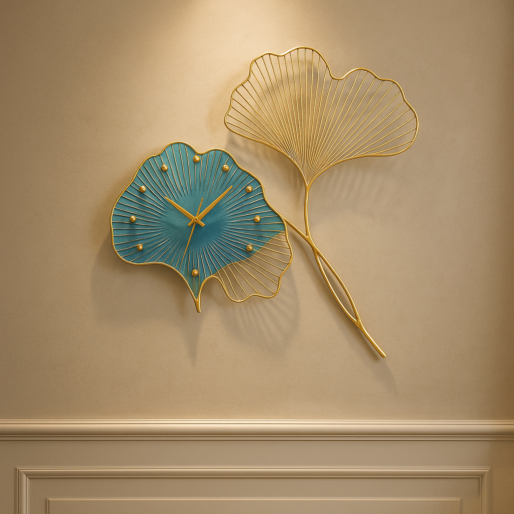 Ginkgo Leaf Designer Wall Clock – Artistic Metal Wall Art Clock with Gold & Teal Finish for Living Room, Hallway, or Office