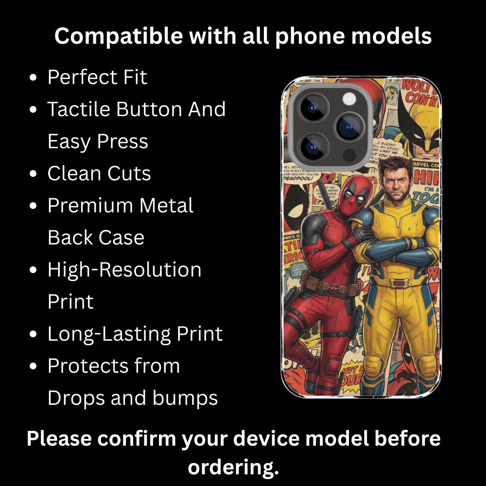 Premium Metal Mobile Back Cover – Deadpool & Wolverine Comic Art Design | High-Gloss Finish | Slim Easy Fit | Scratch & Impact Resistant Luxury Case