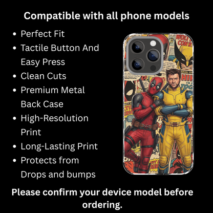 Premium Metal Mobile Back Cover – Deadpool & Wolverine Comic Art Design | High-Gloss Finish | Slim Easy Fit | Scratch & Impact Resistant Luxury Case
