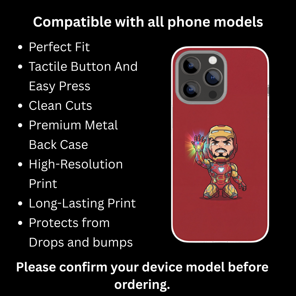 Premium Metal Mobile Back Cover – Iron Man Chibi Infinity Gauntlet Design | High-Gloss Finish | Slim Easy Fit | Scratch & Impact Resistant Luxury Case
