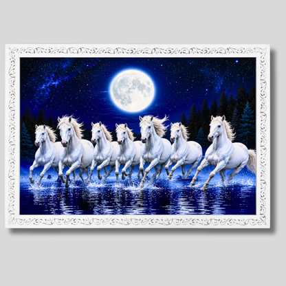 Luxury 7 Running White Horses Wall Painting with Resin Crystal Work 18x24 Inch | Premium HD Gloss Framed Wall Art for Living Room Bedroom Office | Vastu Inspired Luxury Home Décor Gift Item with Designer White Frame