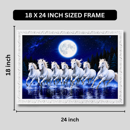 Luxury 7 Running White Horses Wall Painting with Resin Crystal Work 18x24 Inch | Premium HD Gloss Framed Wall Art for Living Room Bedroom Office | Vastu Inspired Luxury Home Décor Gift Item with Designer White Frame