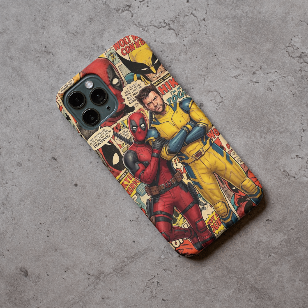 Premium Metal Mobile Back Cover – Deadpool & Wolverine Comic Art Design | High-Gloss Finish | Slim Easy Fit | Scratch & Impact Resistant Luxury Case