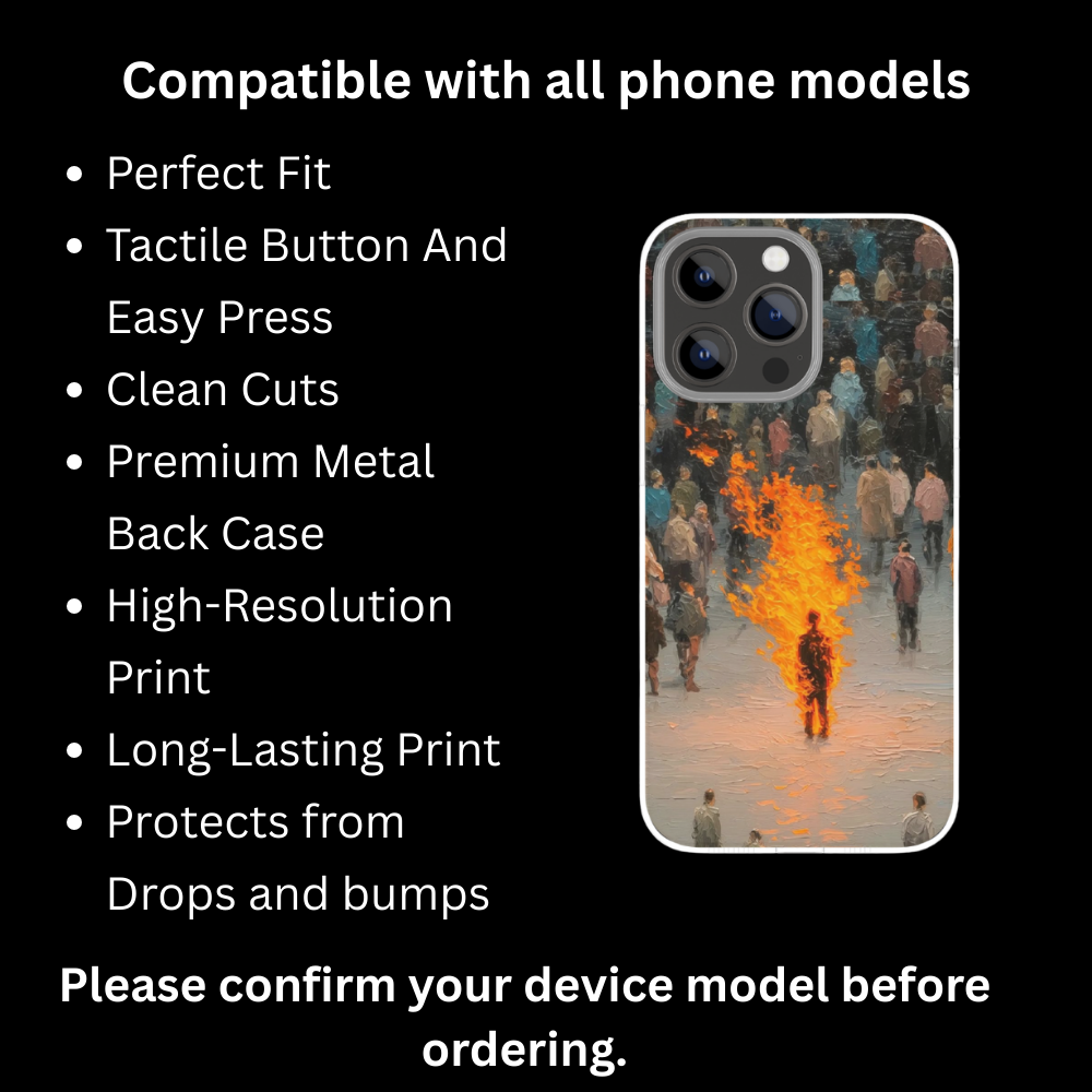 Abstract Fire Art Phone Case – Burning Silhouette Aesthetic Premium Metal Back Cover, Artistic Oil-Paint Style Design, Shockproof Slim Protective Case Compatible with All Smartphone Models