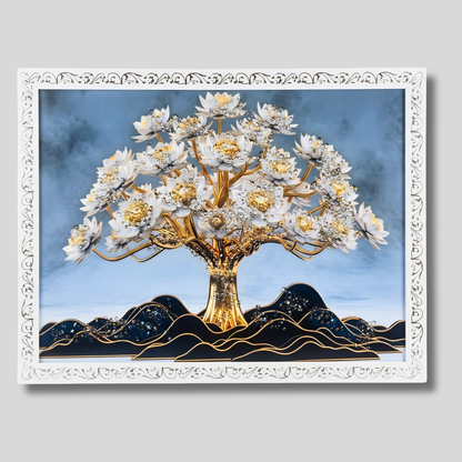 Luxury Tree of Life Wall Painting with Resin Crystal Work | Premium HD Gloss Framed Wall Art for Living Room Bedroom Office | Modern Home Décor Gift Item with Elegant White Frame