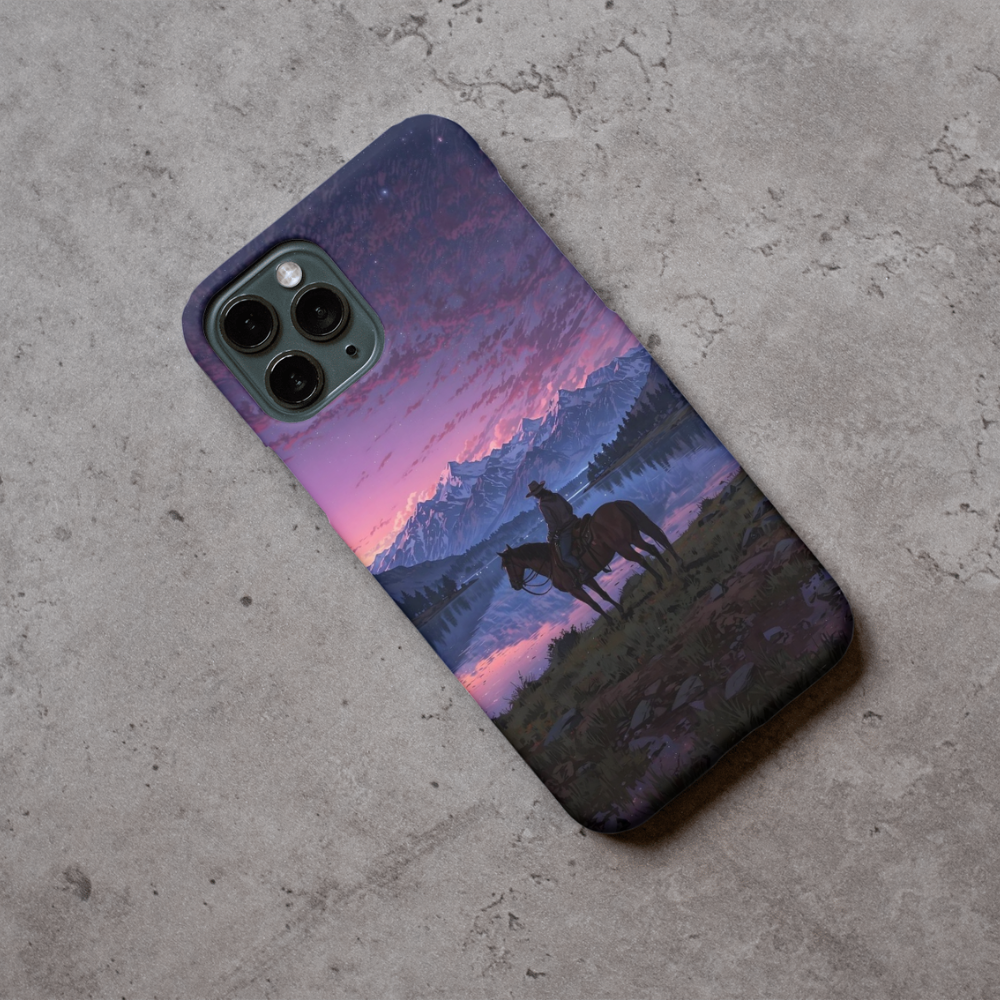 Western Cowboy Sunset Phone Case – Lone Rider Horse Mountain Landscape Art Cover, Wild Frontier Aesthetic Premium Shockproof Back Case Compatible with All Smartphone Models
