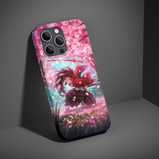 Anime Samurai Warrior Girl Phone Case with Premium Metal Back | Cherry Blossom Sword Art Design | Slim Shockproof Protective Cover | Compatibility Universal for All Mobile Phones