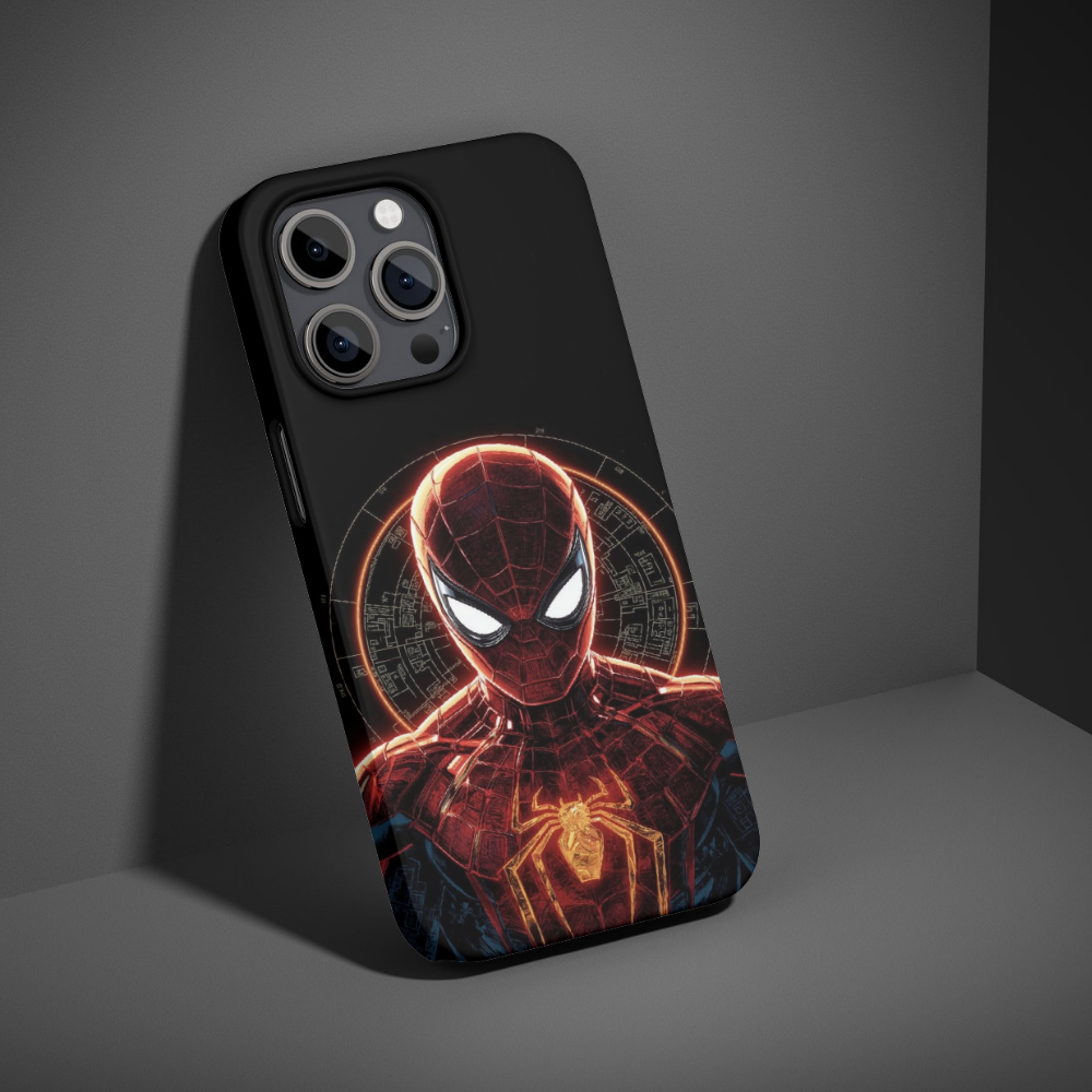 Sp!derm@n Superhero Phone Case | Glowing Tech Armor Illustration Design | Premium Metal Back Cover | Compatible with All Mobile Phones