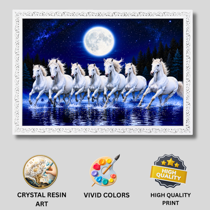 Luxury 7 Running White Horses Wall Painting with Resin Crystal Work 18x24 Inch | Premium HD Gloss Framed Wall Art for Living Room Bedroom Office | Vastu Inspired Luxury Home Décor Gift Item with Designer White Frame