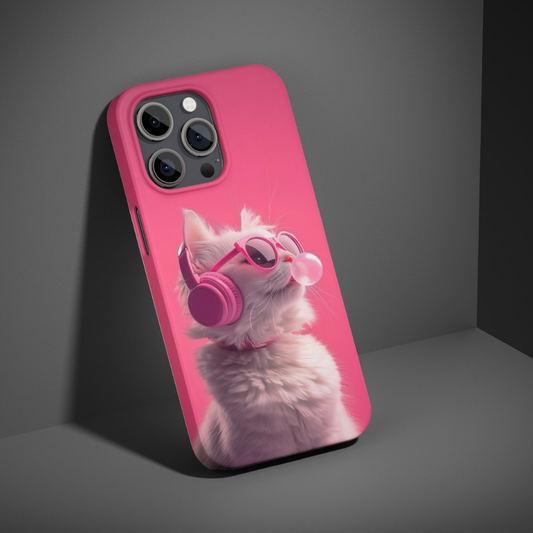 Cute Cat Music Aesthetic Phone Case | Pink Headphones & Bubblegum Design | Premium Gloss Finish Back Cover | Compatibility: Universal (All Mobile Phones)