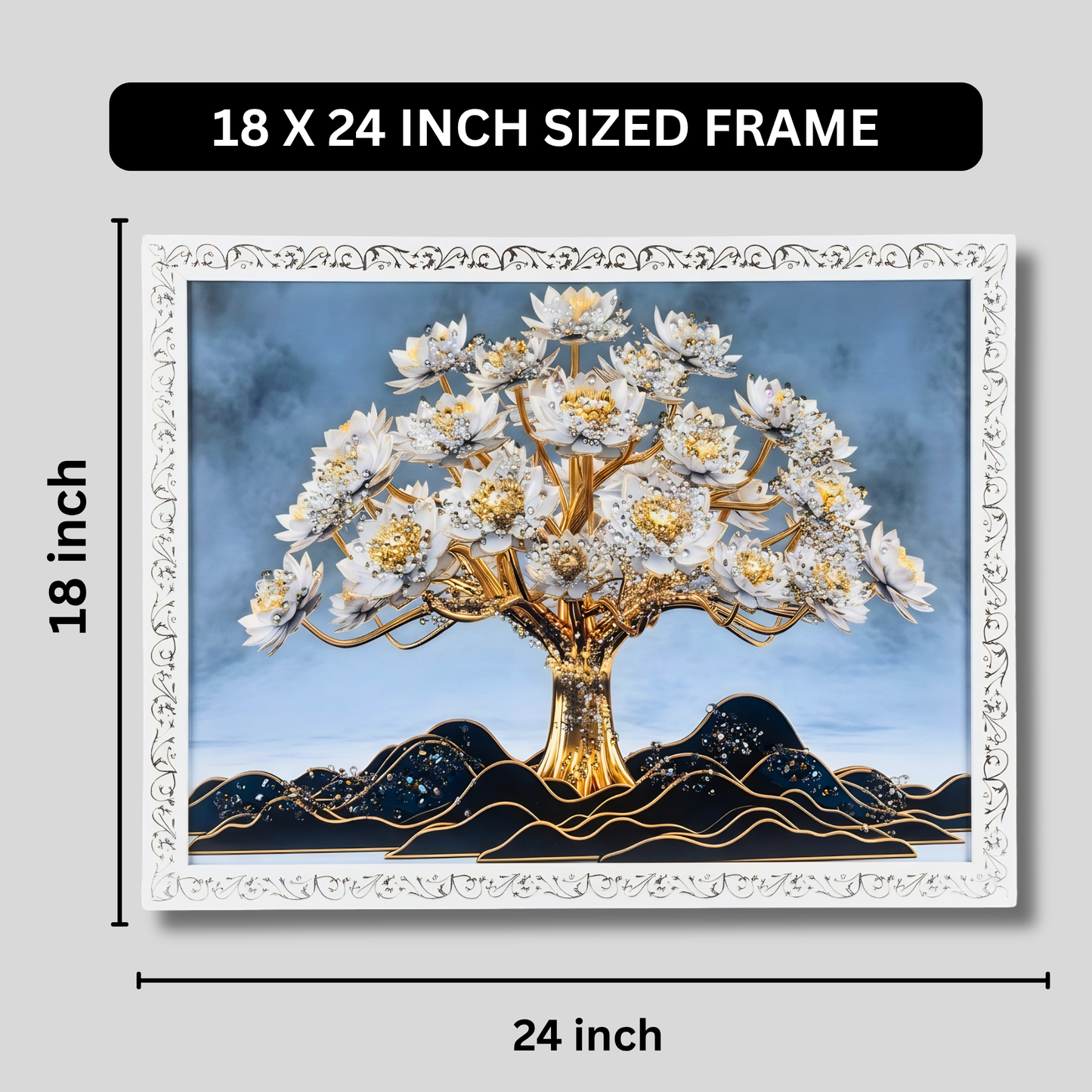Luxury Tree of Life Wall Painting with Resin Crystal Work | Premium HD Gloss Framed Wall Art for Living Room Bedroom Office | Modern Home Décor Gift Item with Elegant White Frame