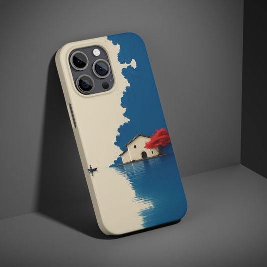 Minimal Lake House Aesthetic Phone Case – Artistic Landscape Premium Metal Back Slim Protective Cover, Serene Blue & Beige Design, Compatible with All Smartphone Models