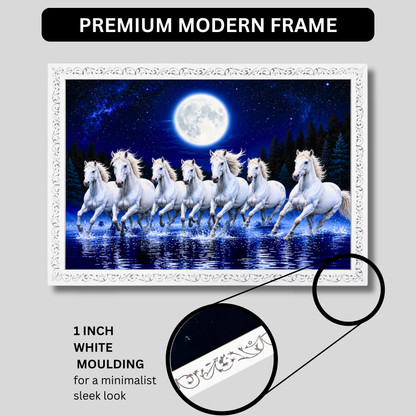 Luxury 7 Running White Horses Wall Painting with Resin Crystal Work 18x24 Inch | Premium HD Gloss Framed Wall Art for Living Room Bedroom Office | Vastu Inspired Luxury Home Décor Gift Item with Designer White Frame