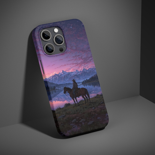 Western Cowboy Sunset Phone Case – Lone Rider Horse Mountain Landscape Art Cover, Wild Frontier Aesthetic Premium Shockproof Back Case Compatible with All Smartphone Models