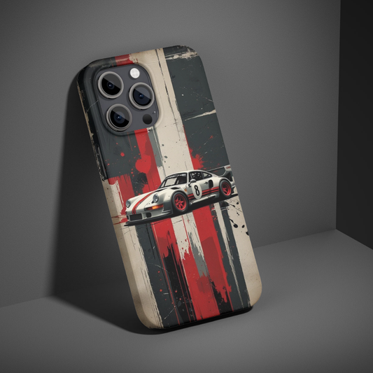 Retro Racing Sports Car Phone Case – Vintage Motorsport Art Premium Metal Back Cover, Red & Black Stripe Aesthetic Design, Shockproof Slim Protective Case Compatible with All Smartphone Models