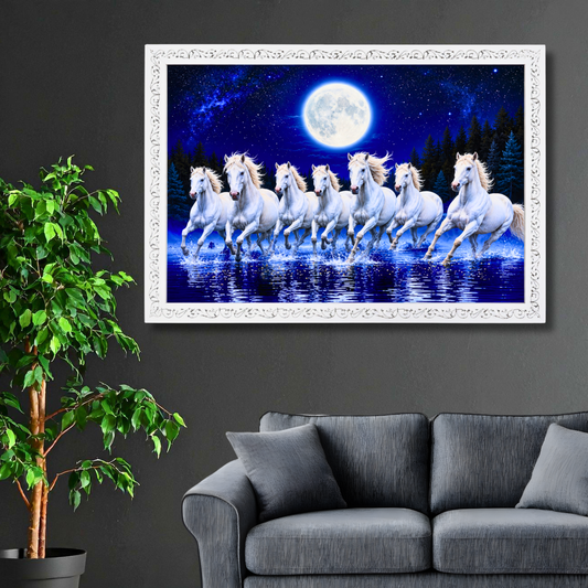 Luxury 7 Running White Horses Wall Painting with Resin Crystal Work 18x24 Inch | Premium HD Gloss Framed Wall Art for Living Room Bedroom Office | Vastu Inspired Luxury Home Décor Gift Item with Designer White Frame