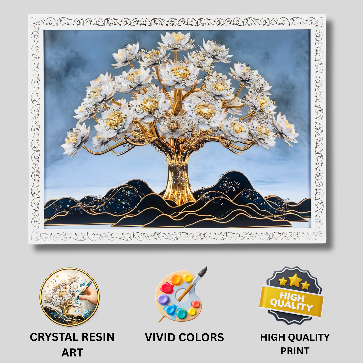 Luxury Tree of Life Wall Painting with Resin Crystal Work | Premium HD Gloss Framed Wall Art for Living Room Bedroom Office | Modern Home Décor Gift Item with Elegant White Frame