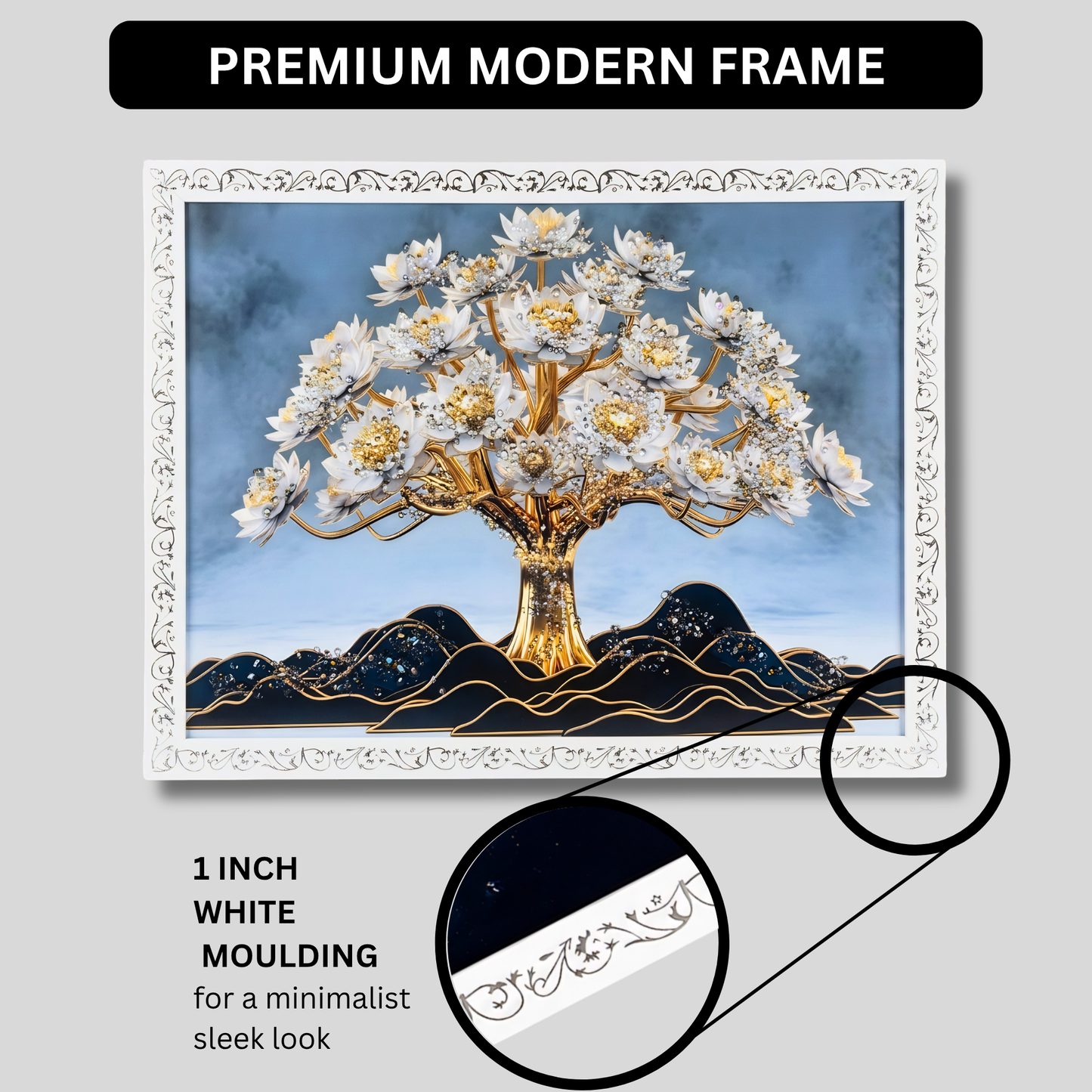 Luxury Tree of Life Wall Painting with Resin Crystal Work | Premium HD Gloss Framed Wall Art for Living Room Bedroom Office | Modern Home Décor Gift Item with Elegant White Frame