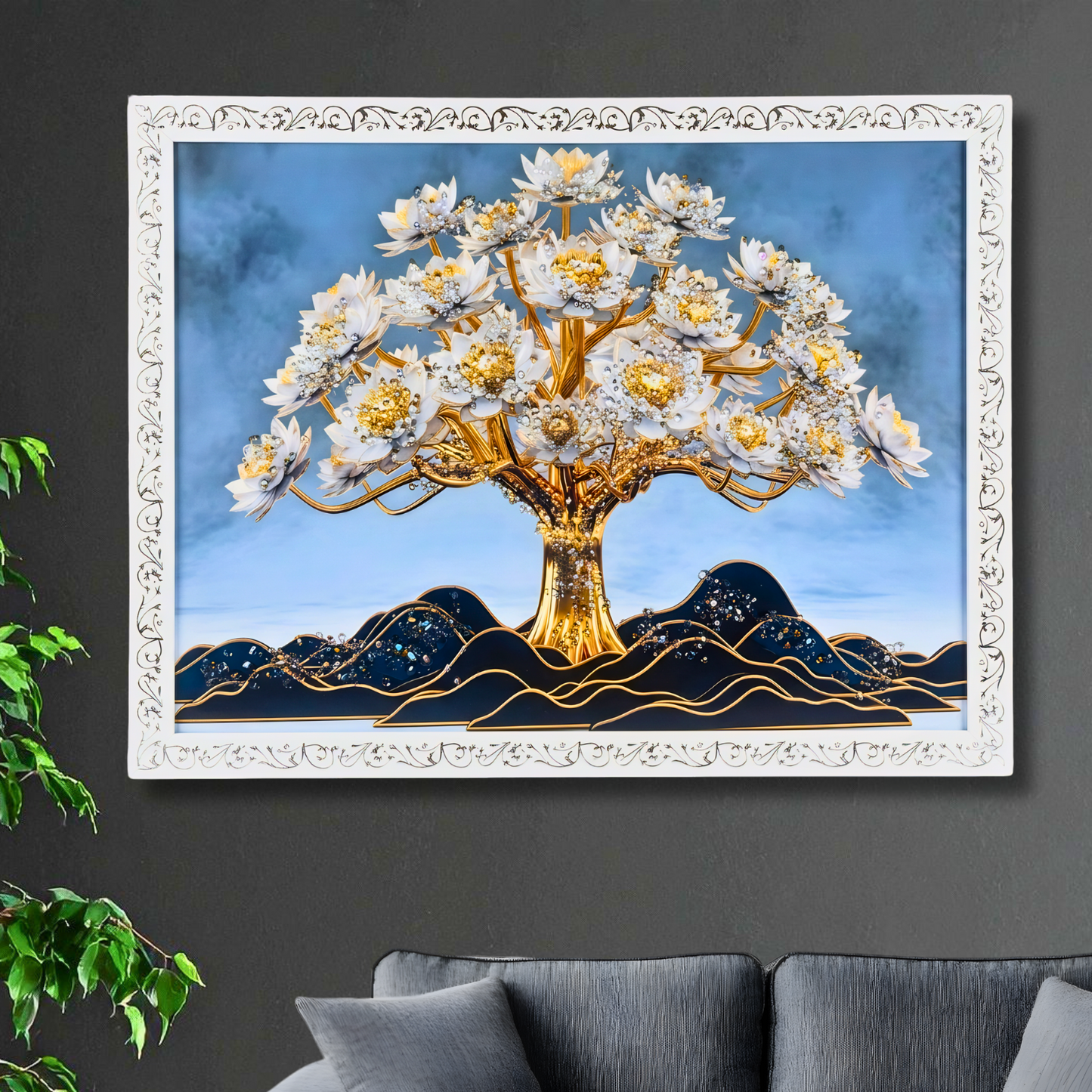 Luxury Tree of Life Wall Painting with Resin Crystal Work | Premium HD Gloss Framed Wall Art for Living Room Bedroom Office | Modern Home Décor Gift Item with Elegant White Frame