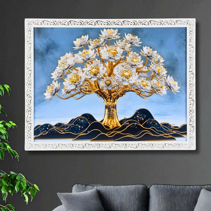 Luxury Tree of Life Wall Painting with Resin Crystal Work | Premium HD Gloss Framed Wall Art for Living Room Bedroom Office | Modern Home Décor Gift Item with Elegant White Frame