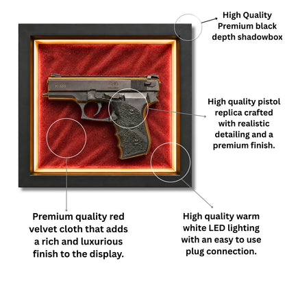 Premium Pistol Shadow Box Frame for Wall Decor | 3D Gun Wall Art with LED Effect | 25 x 20 cm