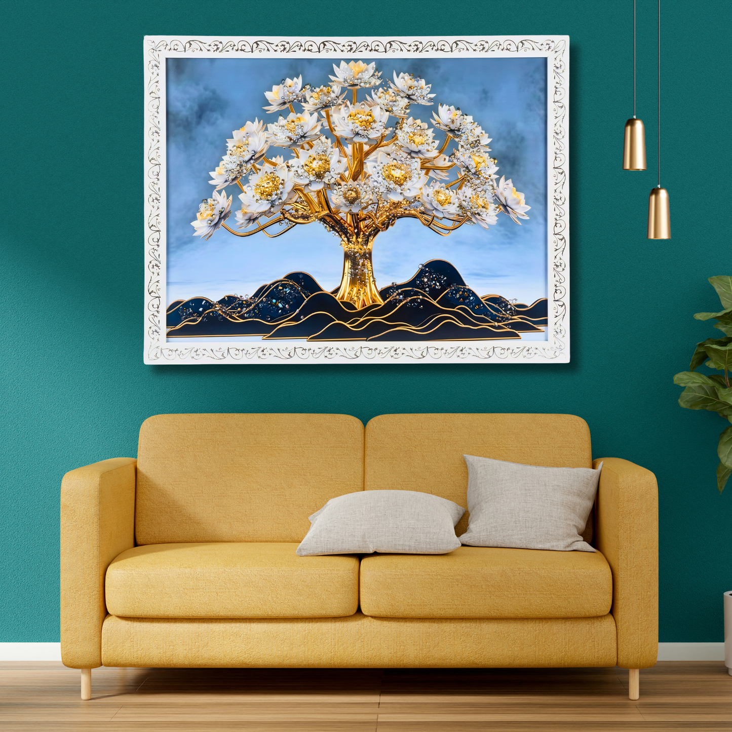 Luxury Tree of Life Wall Painting with Resin Crystal Work | Premium HD Gloss Framed Wall Art for Living Room Bedroom Office | Modern Home Décor Gift Item with Elegant White Frame